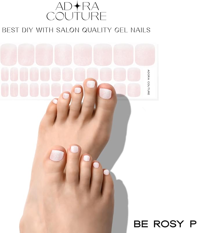 Semi Cured Gel Nail Strips – 32 Pcs Gel Pedicure Stickers - UV Nail Wraps for Toenails, Easy Application, Long Lasting, Salon Quality & UV Light Required - Be Rosy P