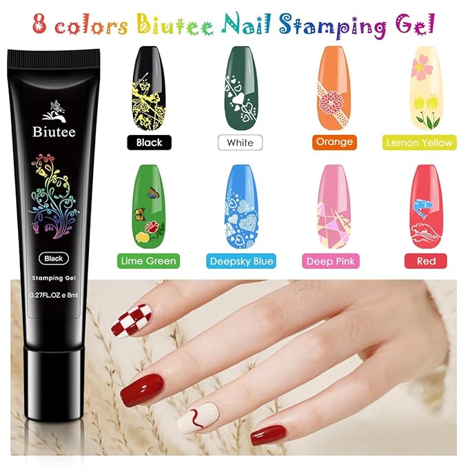 Biutee Nail Stamper Kit 15pcs Nail Art Stamp Plate 8pcs Stamp Gel Polish 1pcs Nail Stamper Scraper Set with Storage Bag, Nail Stamp Template Kit Valentine's Day Flower Lace Animal Star Design