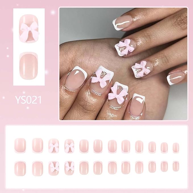 White French Tip Press on Nails with Pink Bows,Short Square Fake Nails French Nails Press ons with Design,Reusable Artificial Nail Full Cover Glossy Glue on Nail Stick on Nail for Women Manicure 24Pcs