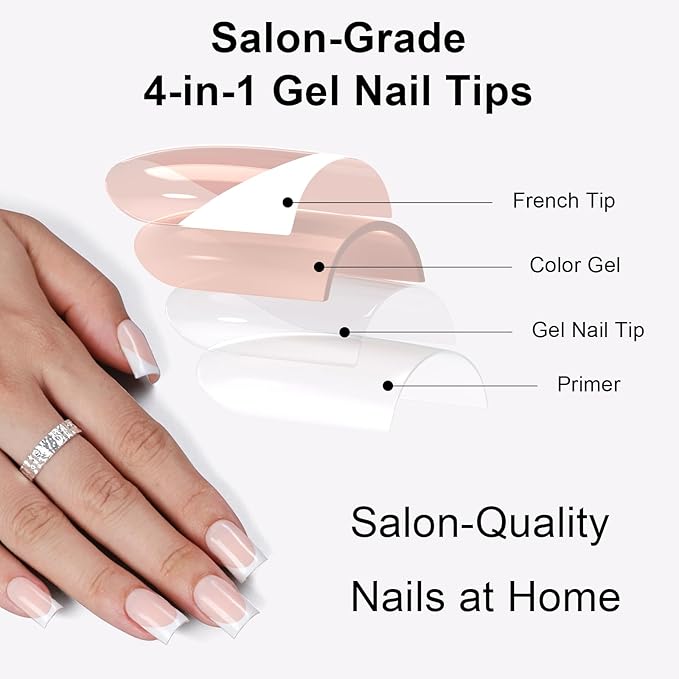Anyos French Tip Press On Nails-300Pcs Sharp Square Gel Nail Tips,No File Need Tips Pre-Designed,Fake Nails for Nail Art DIY 15Sizes(Deep Nude)