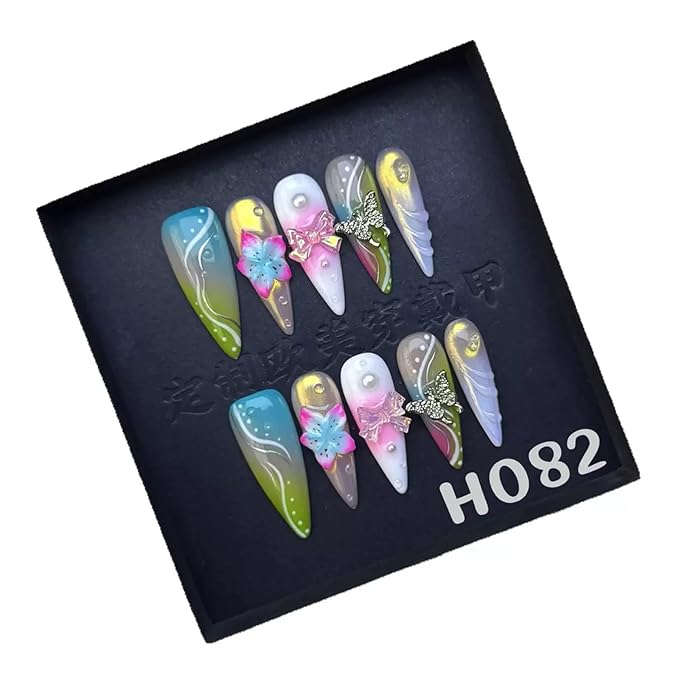 100% Handmade Press on Nails Long Stiletto Fake Nails 5D Flower Glue on Nails Ombre Green False Nails Butterfly Bow Charms Water Ripple Handmade Nail for Women Girls Daily Wear Manicure 10pcs Size L