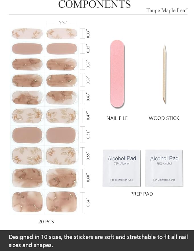 Semi Cured Gel Nail Strips (Taupe Maple Leaf), 20 Pcs Gel Nail Wraps, Stickers, Salon Quality, Works With Any UV Lamps