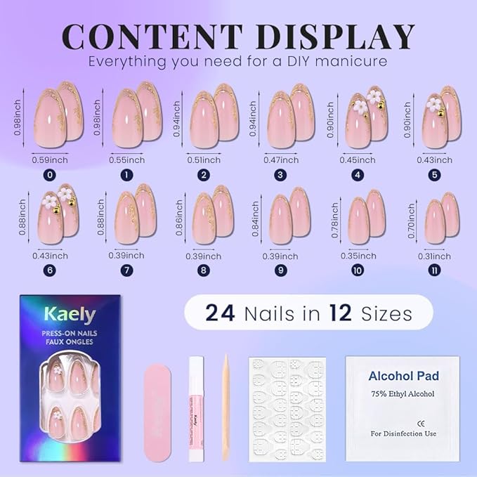 evpct Pink Press on Nails Short Almond with Gold Line, Gold French Tip Stick on Nail for Women Gift, Reusable Full Cover Soft Gel Press on Fake Nail with 3D White Flower Designs Perfectly Fit