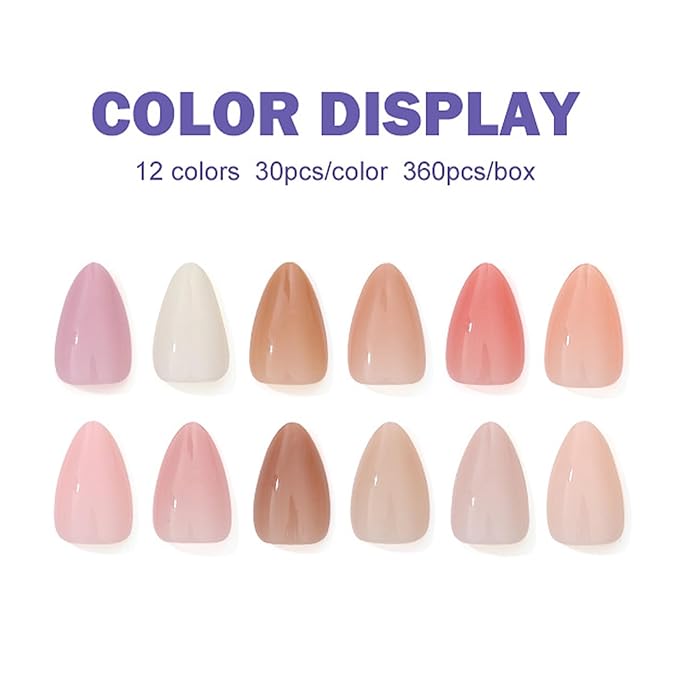 12Packs 360Pcs Almond Press on Nails Short Almond Fake Nails Solid Color False Nail Tips Glossy Nature Acrylic Nails Press on Nude Nail Art for Women Girls Daily Wear Manicure Deco 15 Size - 12 Colors