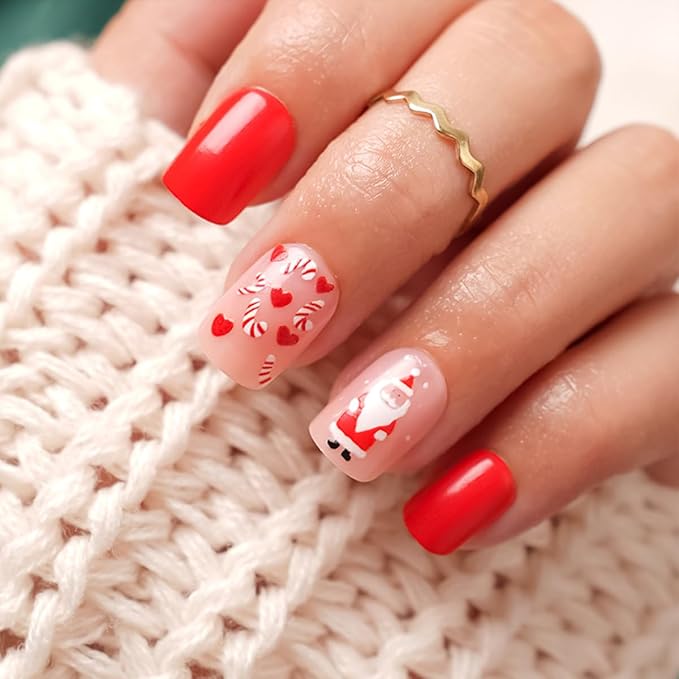 6 Packs (144 Pcs) Christmas Press on Nails Short Square Fake Nails Winter Xmas False Nails with Designs Snowflake Marple Leaves Glue on Nails Full Cover Glossy Acrylic Stick on Nail for Women Manicure