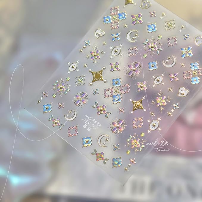 Star Nail Stickers 3D Self-Adhesive Silver Moon Nail Decals 5D Embossed Pink Star Nail Supplies Bohemia Nails Designs Chinese Style Nails Manicure Accessories for Women 1 Sheet