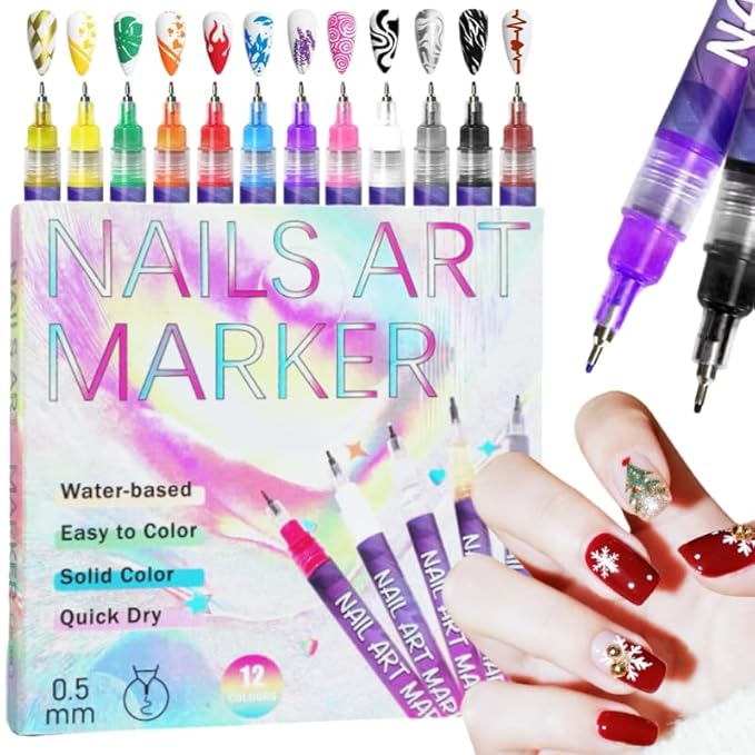 12 Colors Nail Art Pens Set, Nail Art Markers Polish Pen for 3D Nail Art, Drawing Painting Liner Brush for DIY Nail Art Beauty Adorn Manicure Tools (1 box of 12 colors)