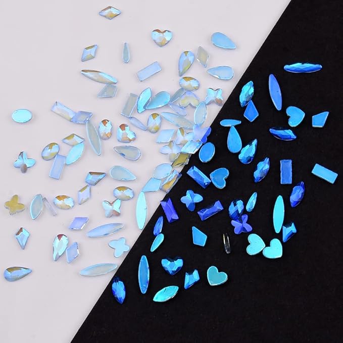 100pcs Aurora Blue ab Nail Art Rhinestones 10 Shapes Small Flatback Stones Mix Heart Butterfly Shaped Crystals Charms Accessory for Nail Decor Bulk Pack