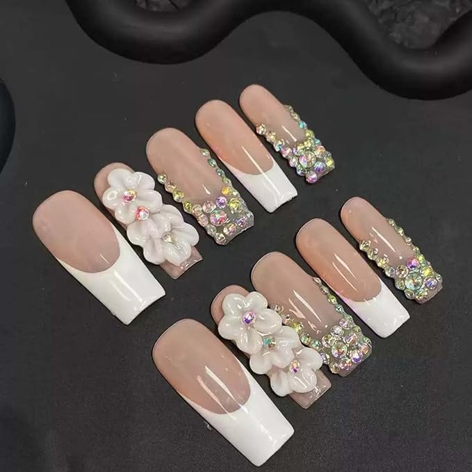 10Pcs Press On Nails Handmade Nails Long Square Fake Nails 3D Flower With Rhinestone Design French Tip False Nails Full Cover Acrylic Nail Reusable Stick On Nail For Women(SIZE:Large)