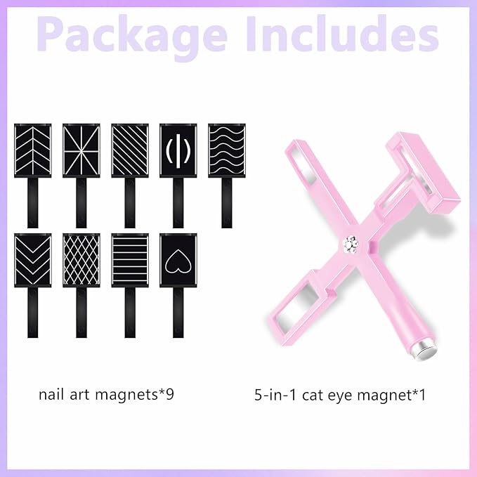Laza Nail Magnet Set, Super Strong 5-in-1 Nail Magnet Tools with Heart Magnet for Cat Eye Gel Polish and 8 Patterned Magnetic Nail Polish Wands for 9D Galaxy Cat Eye Nail Art, Magnetic Nails