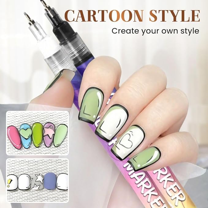 Nail Art Pens Set, Upgrade Nails Art Markers Nail Pens for Girls 0.5mm Quick Dry Graffiti Dotting Point Liner Pens for Home Salon (#B)