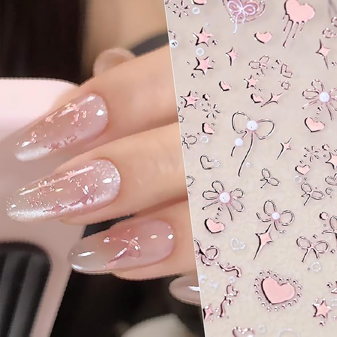Valentines Day Nail Art Stickers for Nail Art 5D Embossed Bow Nail Stickers with Pink Bow Star Heart Romantic Self Adhesive Design Cute Nail Decals Nail Art Supplies for Women Acrylic Manicure Tips