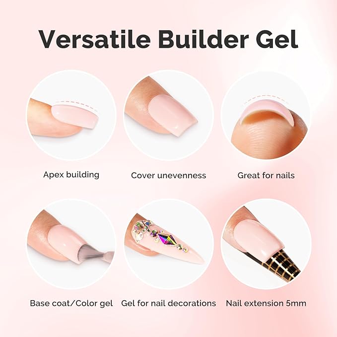 MelodySusie Milky Pink Builder Nail Base Gel for Nails Thickening, Soak Off UV Extension Gel, Rhinestone Nail Glue for Nail Art Design Salon DIY Manicure at Home Gift for Women-004