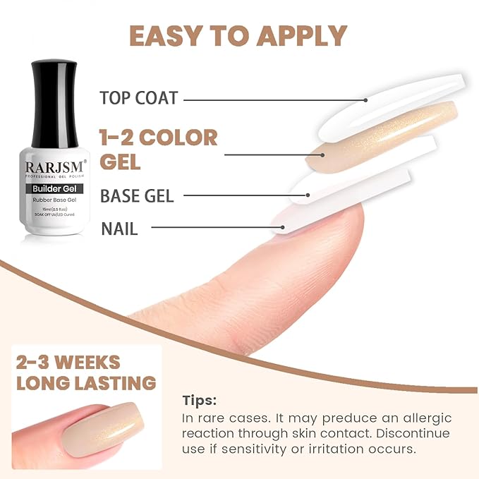 RARJSM Glitter Rubber Base Gel Nail Polish Nude Apricot Pink Rubber Base for Nails Gold Shimmer Brush on Quick Extend Builder Hard Gel Soak Off Curing Requires 15ml Salon Home French Manicure