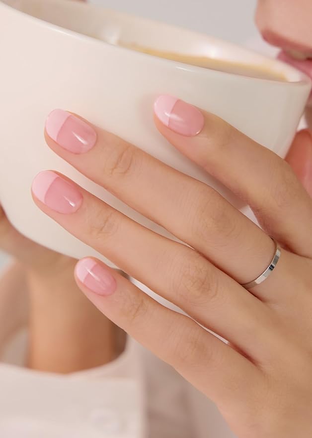 ohora Semi Cured Gel Nail Strips (N Romantic French) - Pink, French, Works with Any UV/LED Lamps, Salon-Quality, Long Lasting, Easy to Apply & Remove - Includes 2 Prep Pads, Nail File & Wooden Stick