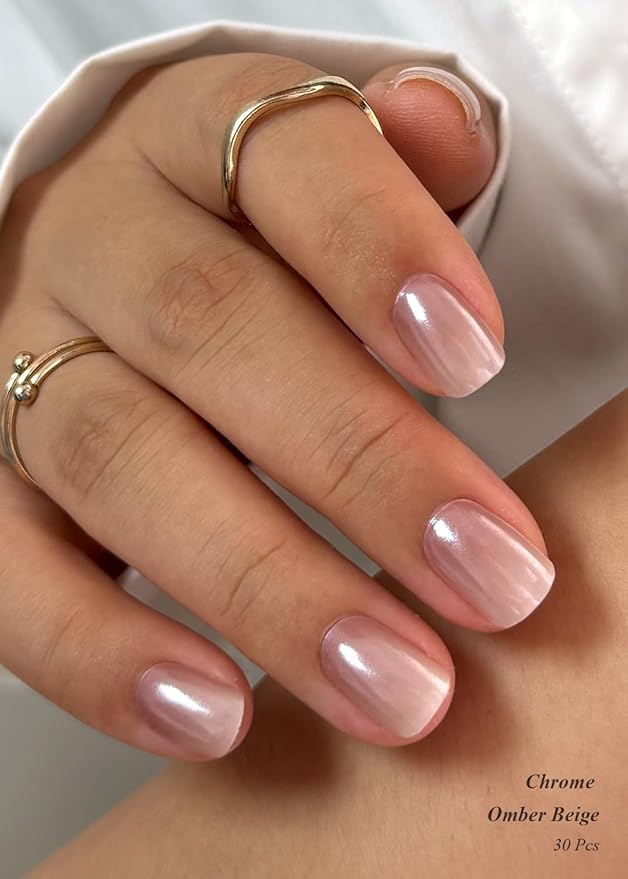 Semi Cured Gel Nail Strips (Chrome Omber Beige), Pearl Glazed, 30 Pcs Gel Nail Wraps, Stickers, UV Light Required