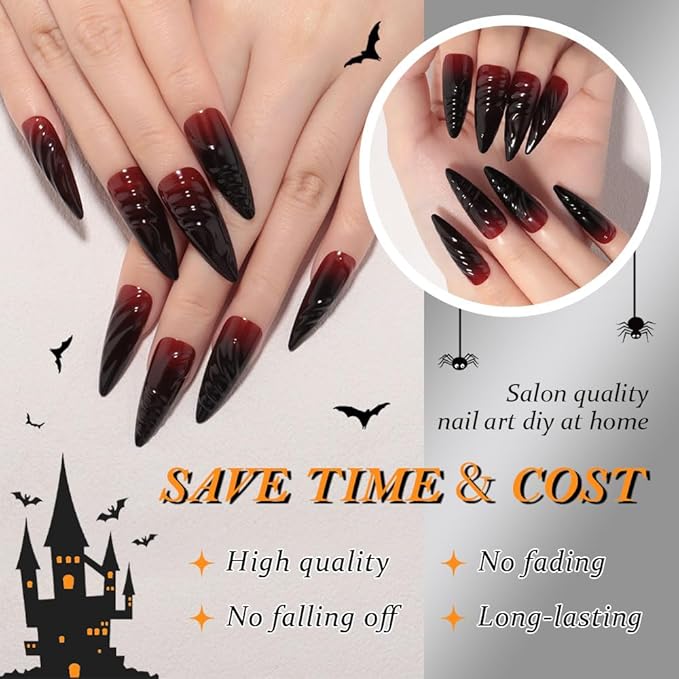 Ombre Red to Black Press on Nails Long Almond, Long Almond Glossy Stick on Nails Press ons for Women with Manicure Kit, Reusable Acrylic Soft Gel Stick on Fake Nail with Ombre Designs Perfectly Fit