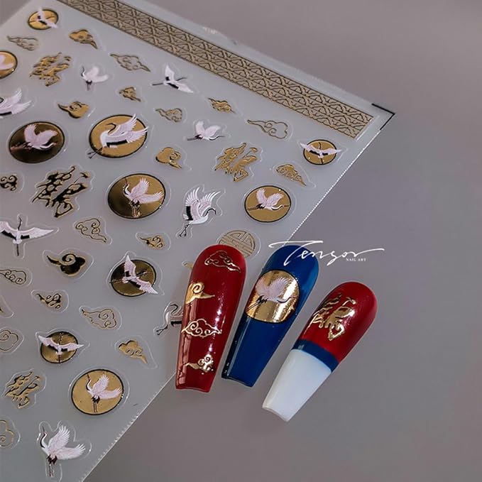 3Sheets 5D Nail Stickers Chinese Style Character Gold Red-Crowned Crane Propitious Cloud Nail Decals for New Year Acrylic Nail Art Design Supplies (Crane)