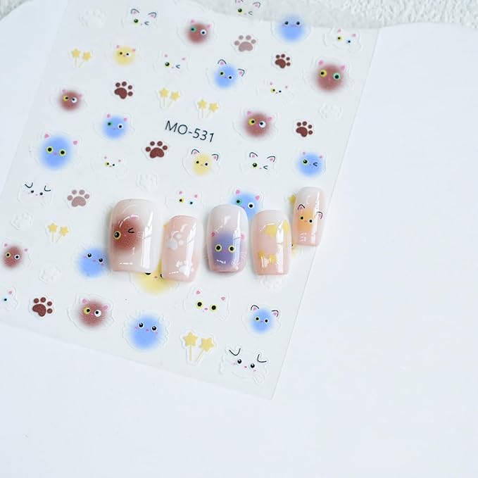 4 Sheets Cat Airbrush Nail Stickers Cute Nail Art Stickers Ombre Gradient Nail Decals with Cat Designs Sweet DIY Self-Adhesive Nails Art Supplies for Women Girls