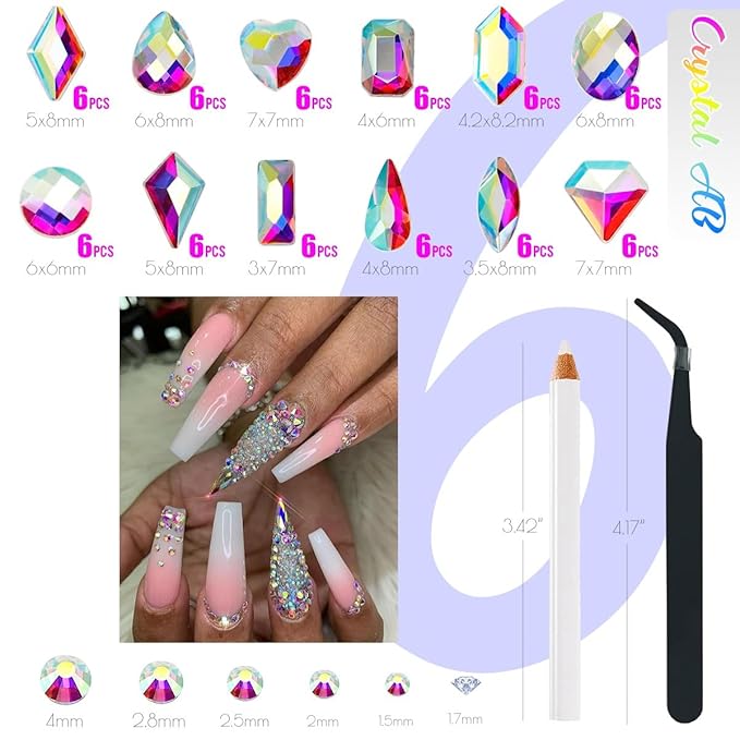 2052Pcs Crystal AB Nail Rhinestones AB Crystal Nail Charms 72 Multi Shapes Flatback Rhinestones Big Nail Art Gems +1980 Round Beads K9 Glass Stones Diamonds Jewels for Nails Faces Eyes Makeup