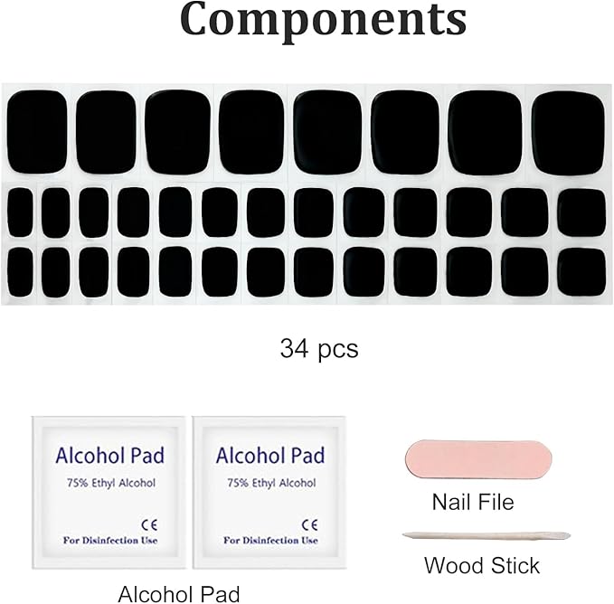34 Pcs Semi Cured Gel Toe Nail Strips Black Solid Gel Nail Stickers Full Cover Nails Wraps Self Adhesive Toe Nails Polish Strips Stickers for Women UV/LED Light Required