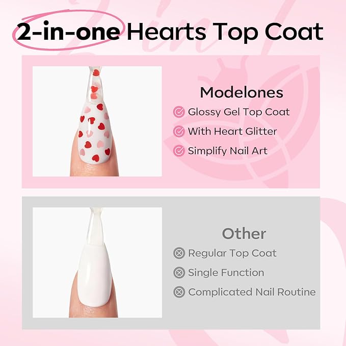 modelones Heart Glitter Gel Top Coat, Valentine's Day 15 ML No Wipe Clear Gel Nail Polish 2 in One Red Pink Color Reflective Hearts Sequins Glossy Shine Long Lasting Soak Off Manicure Gift for Women