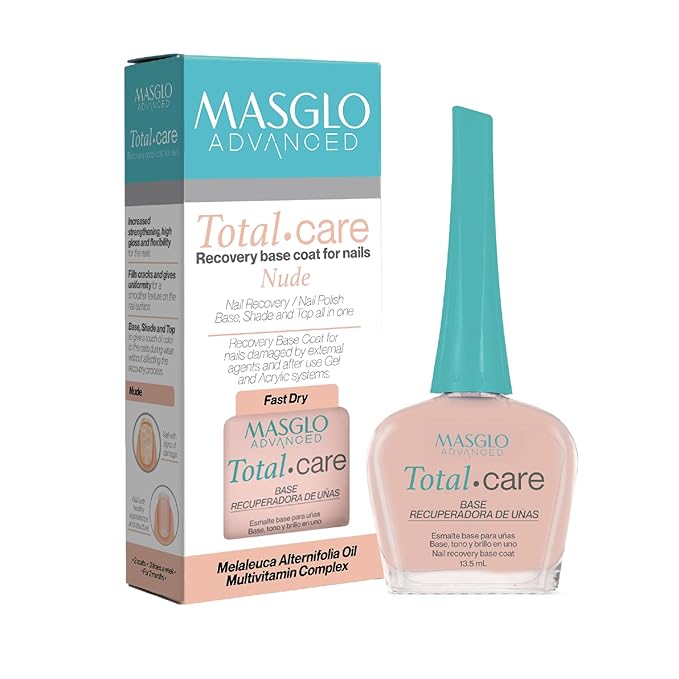 MASGLO Advanced Total Care Nail Strengthener – Post Gel Damage Recovery Treatment, 13-Free Vegan Fast-Dry Thickening Repair with Tea Tree Oil & Vitamins, Base Coat, Nude Tone & Shine (3in1)