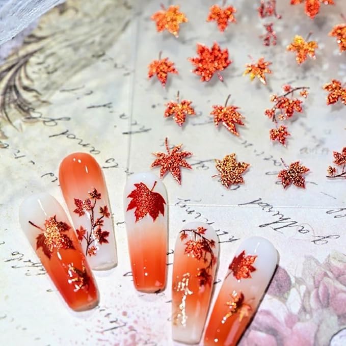 Maple Leaves Nail Stickers 3D Self Adhesive Orange Nail Art Stickers 5D Embossed Colorful Leaf Nail Decals Fall Autumn Nail Designs Cute Yellow Nail Art Supplies for Women Girls 1 Sheet
