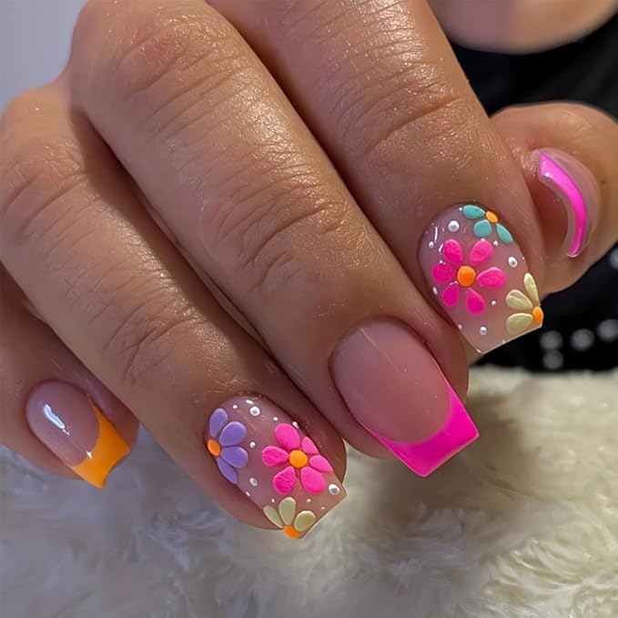 6 Packs (144 Pcs) Short Press on Nails Square Fake Nails Flower Press on Nails Summer Spring Acrylic Glue on Nails Full Cover Cute False Nail Tips Stick on Nail for Women Manicure 12 Size - 6 Style