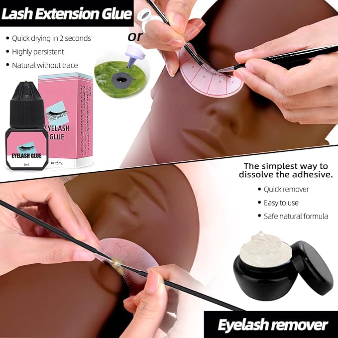 Lash Extension Kit Professional Eyelash Grafting Training Tools Mannequin Head USB Fan Lash Shampoo 0.07D Curl Mix 8-15mm Glue Practice Eyelash Strips Lash Mapping,Exercise Set for Beginner