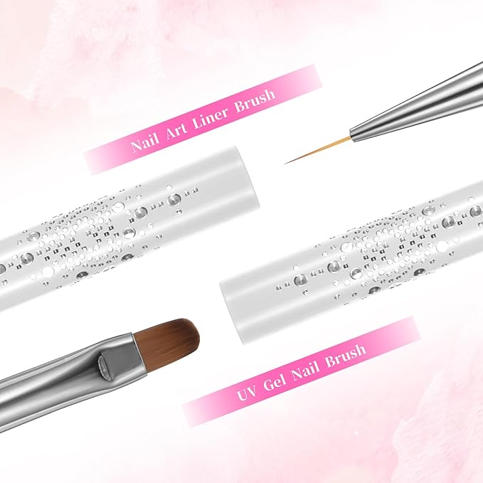 Dual-Ended Nail Art Brushes, 2 PCS Hard Gel Nail Brushes French Tip Nail Liner Brush Builder Gel Brushes Nail Drawing Brushes with Rhinestone Handle French Manicure Design Brushes for Nail Art Design