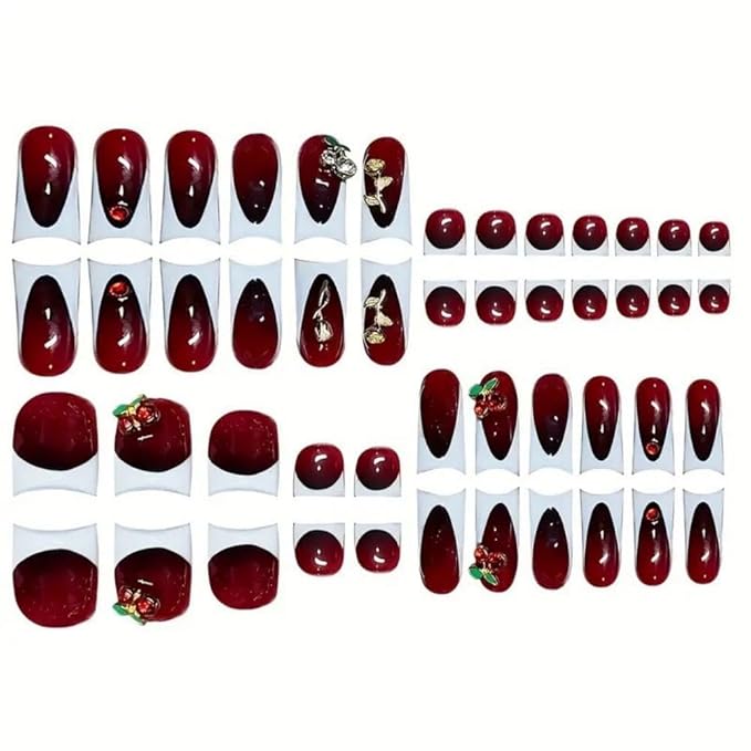 White French Tips Press on Nails Short Duck Fake Nails with 3D Rose Charm Design Short Square Press on Toenails 5D Red Cherry Fake Toenails Summer Beach False Nails for Women Girls Manicure 48Pcs