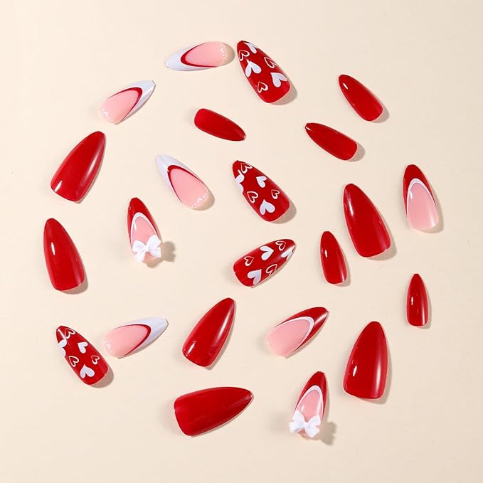 Press on Nails Red - Medium Almond Fake Nails with Heart Bow Design - French Tip False Nails Press ons - for Women 24 Pcs
