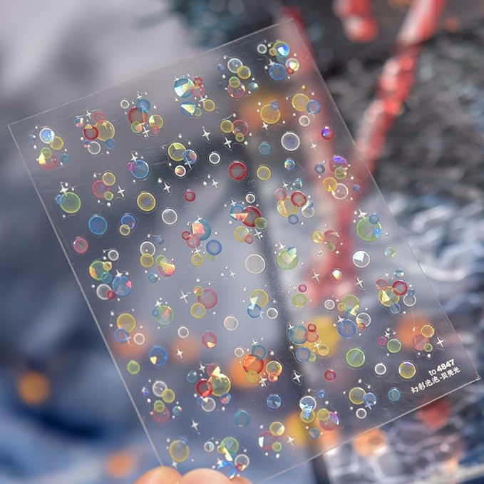2Sheets Holographic Bubble Nail Art Stickers, Iridescent Circle Design Decals, Translucent White