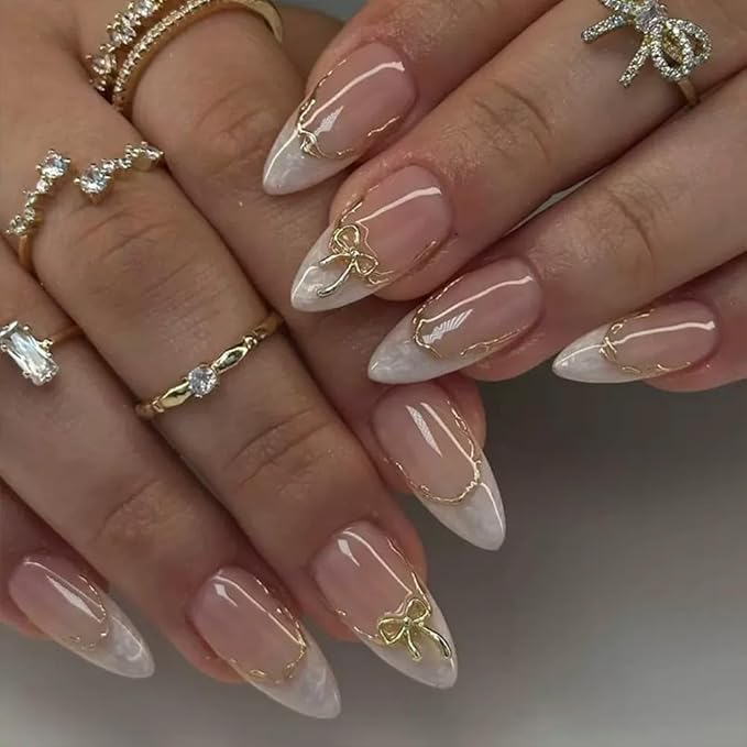 Bow Press on Nails - Almond Fake Nails - French Tip False Nails Press ons - Medium 3D Gold Acrylic Glossy - Cute Glue on Nails - for Women Artificial Stick on Nail 24 Pcs