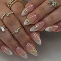 Bow Press on Nails - Almond Fake Nails - French Tip False Nails Press ons - Medium 3D Gold Acrylic Glossy - Cute Glue on Nails - for Women Artificial Stick on Nail 24 Pcs