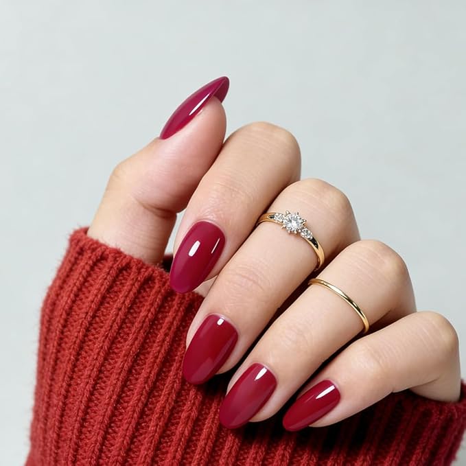 Cherry Red Press On Nails Medium Almond Handmade Soft Gel Fake Nails Burgundy, Deep Red Stick Glue on Nails Kit for Women, Reusable Acrylic False Nail Set