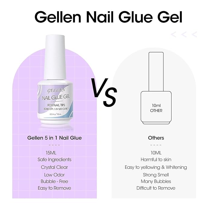 Gellen 5 in 1 Nail Glue for Nail Tips, 15ML Curing Needed UV Glue Gel for Clear Press on & Acrylic Nails, 28+ Days Long Lasting Adhesive Gel, DIY Home Salon Manicure