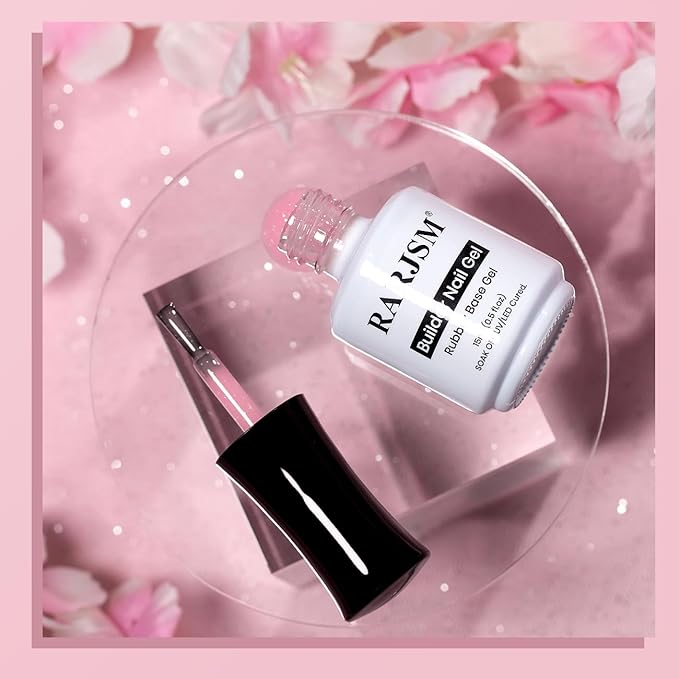 RARJSM Rainbow Glitter Rubber Base Gel Nail Polish Nude Bubble Pink Rubber Base Iridescent Shimmer Brush on Quick Extend Builder Hard Gel Soak Off Curing Requires 15ml Salon Home French Manicure
