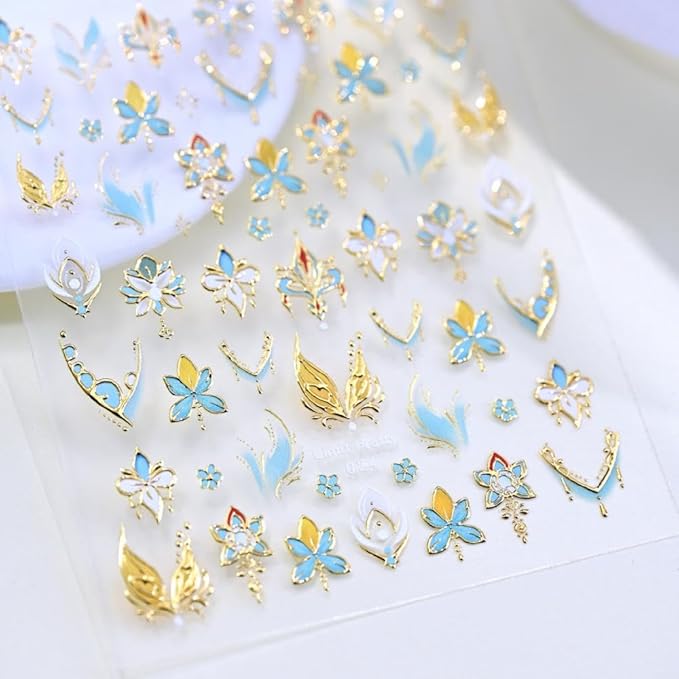 Flower Nail Stickers 5D Embossed Blue Gold Floral Nail Decals 3D Self-Adhesive Chinese Style Nail Supplies Aurora Lotus Flower Nails Designs for Women Girls DIY Manicure 1 Sheet