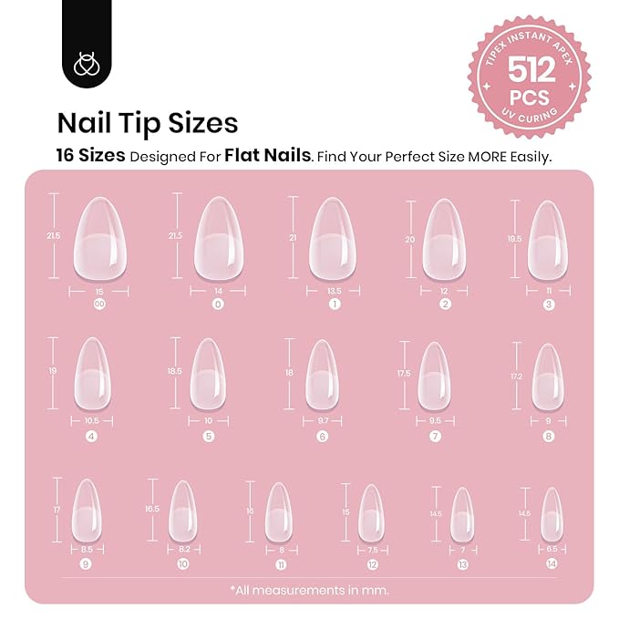 Beetles Tipex Instant Apex Nail Tips Almond Short – Pre-Built & Pre-Etched, Strong & Thick Acrylic, 16 Sizes, 512 Pieces