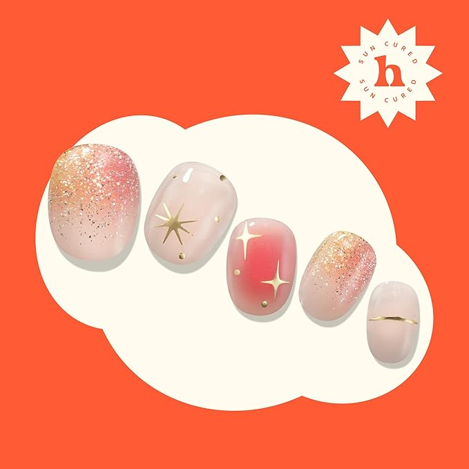 Heyhae Semi Cured Gel Nail Strips | No LED Lamp Needed | Ombre, Gold, Spring | Easy Apply & Remove, Salon Quality | Includes 28 Strips, 1 Prep Pads, Nail File & Wooden Stick - Hey, It's Golden Hour