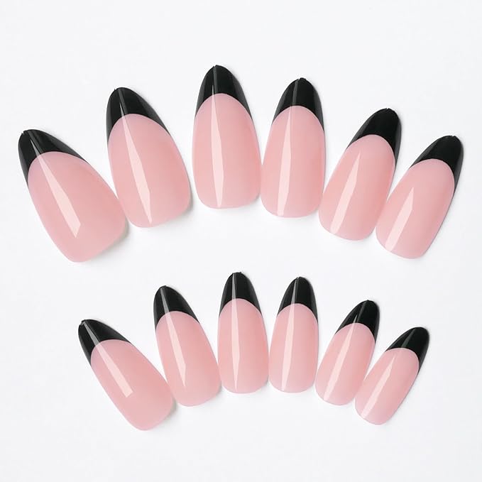 AddFavor French Tip Press on Nails Medium Almond Fake Nails, 120pcs Black French Tips Nails Glossy Nude Almond Nails Press ons Artificial False Nail with Adhesive Tab for Women Girls