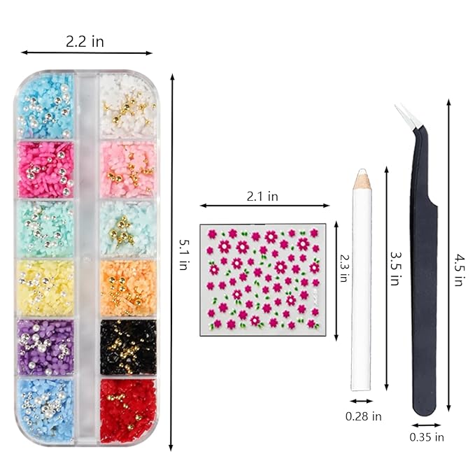 Flower Nail Charms Nail Art Kit with 30 Sheets Flower Nail Stickers 12 Boxes Colorful Flower with Rhinestone Nail Supplies 3D Nail Charms,Flower Nail Decals for Women Acrylic DIY Nail Art Decoration