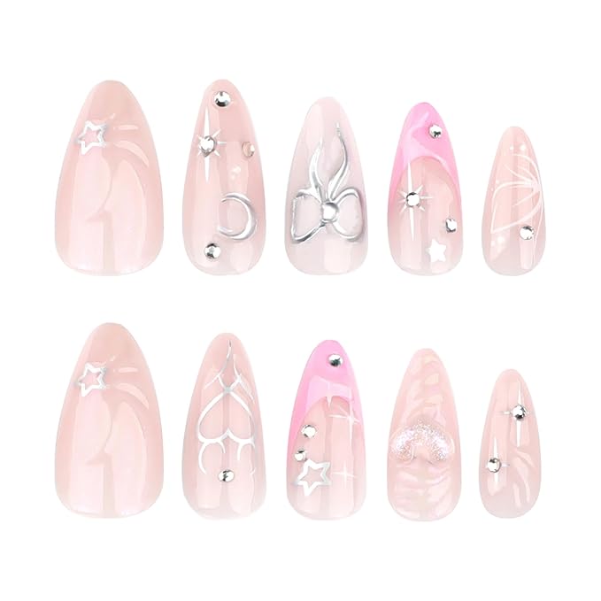 Medium Press on Nails Almond - Pink French Fake Nails with 3D Bow Heart Design - Glossy Full Cover Stick on Nails Press ons - for Women 24 Pcs