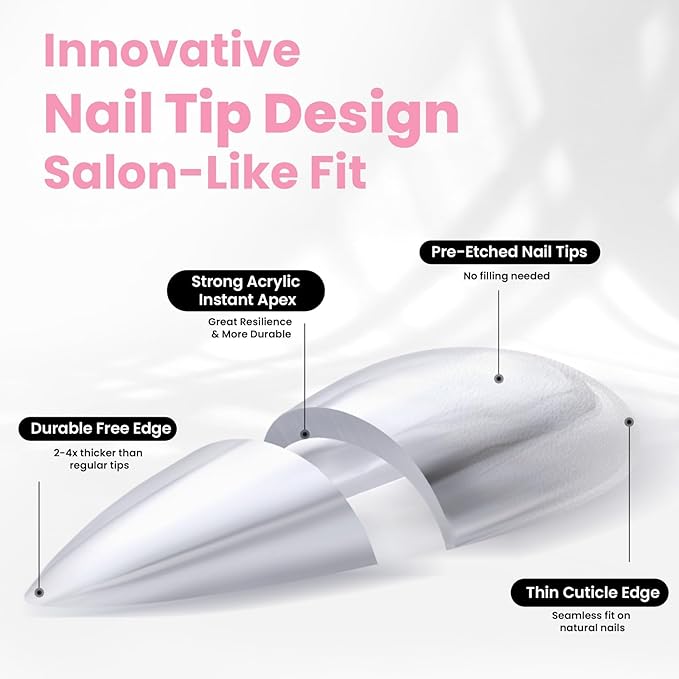 Beetles Tipex Instant Apex Nail Tips Kit – Almond Short, Pre-Etched, Thick Full Cover Acrylic Tips with Tipex UV Gel Glue, Dehydrator, Primer, Base & Top Coat, Mini UV Lamp, 224PCS in 16 Sizes
