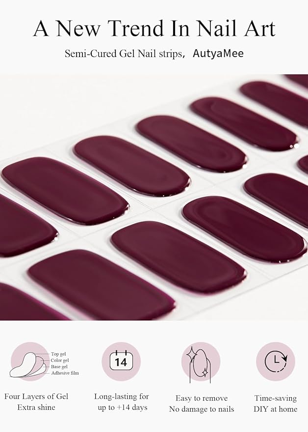 Semi Cured Gel Nail Strips (B-Plum Red), 20 Pcs Gel Nail Wraps, Stickers, Long Lasting, Works With Any UV Lamps