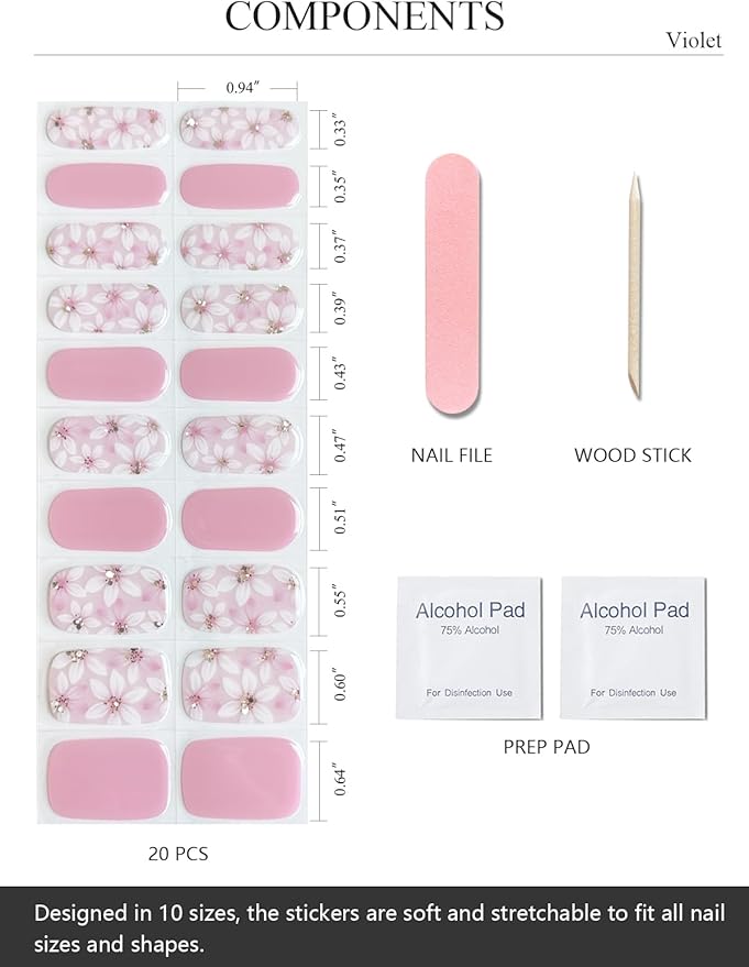 Semi Cured Gel Nail Strips (Violet), Pink Flower, 20 Pcs Gel Nail Wraps, Stickers, Salon Quality, Long Lasting, Works with Any UV Lamps