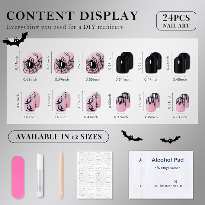 Halloween Black Press on Nails Petite Short Square with Spider Design, Black Artificial Extra Short Fake Nails with Cobweb Designs, Soft Gel Full Cover Cute Stick on Acrylic Nail for Women Girls