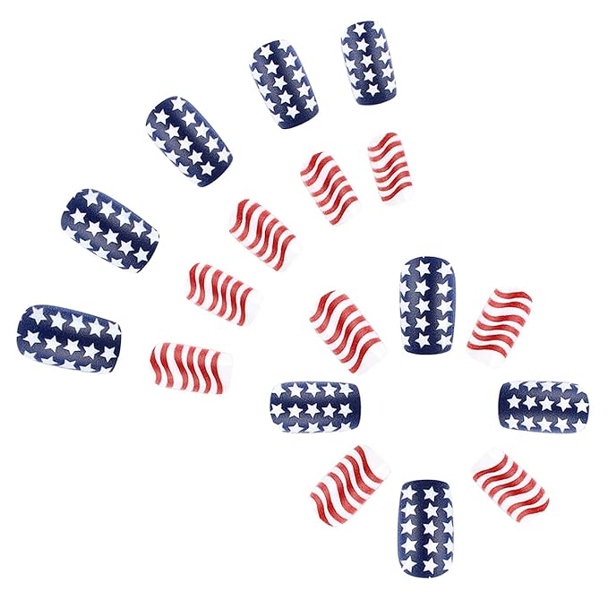 4th of July Press on Nails Short Square America Flag Fake Nails Full Cover Striped Stars False Nails with Designs Glossy Glue on Nails USA Acrylic Nails Handmade Acrylic Nails for Women Girls 24Pcs